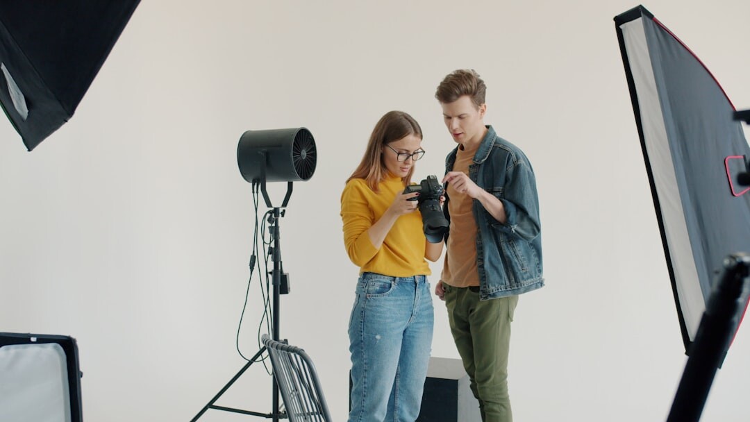 Professional camera on a tripod in a studio setting